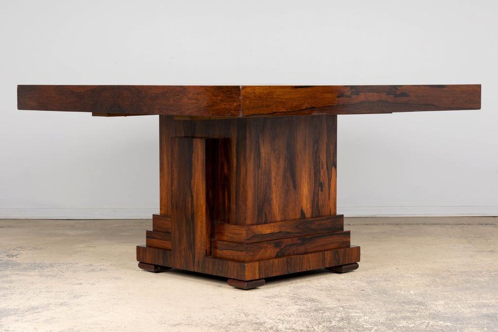 1930s French Art Deco Square Rosewood Dining Table with Architectural Pedestal Base