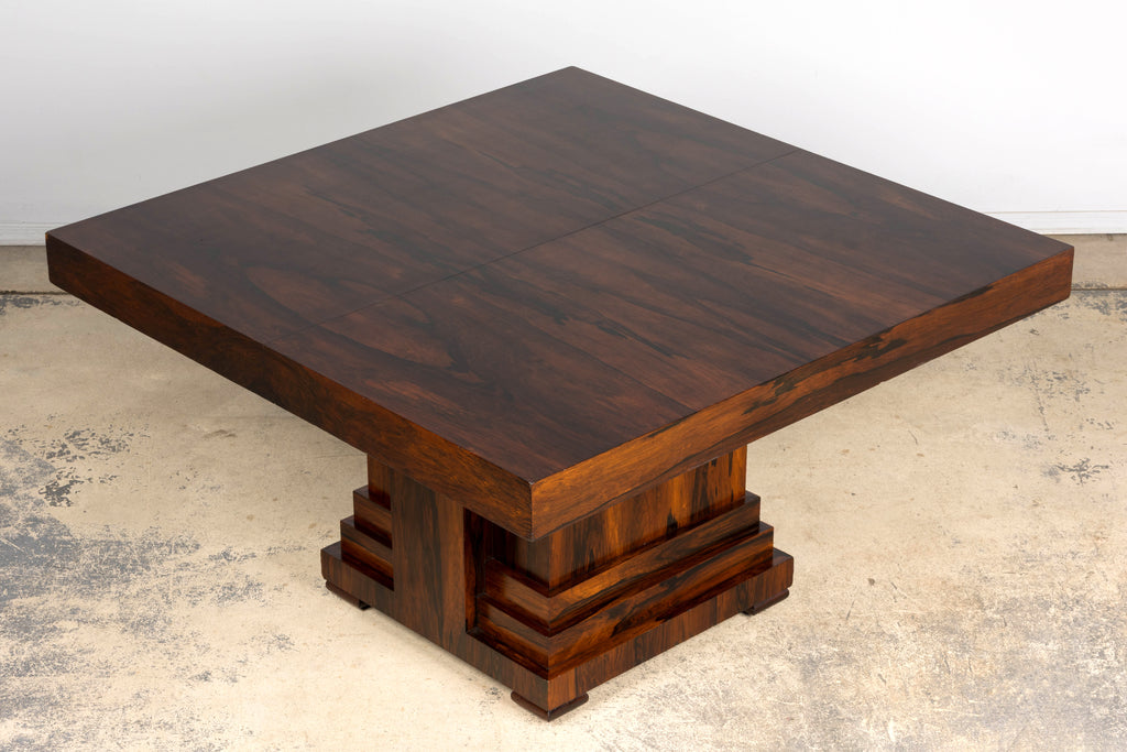 1930s French Art Deco Square Rosewood Dining Table with Architectural Pedestal Base