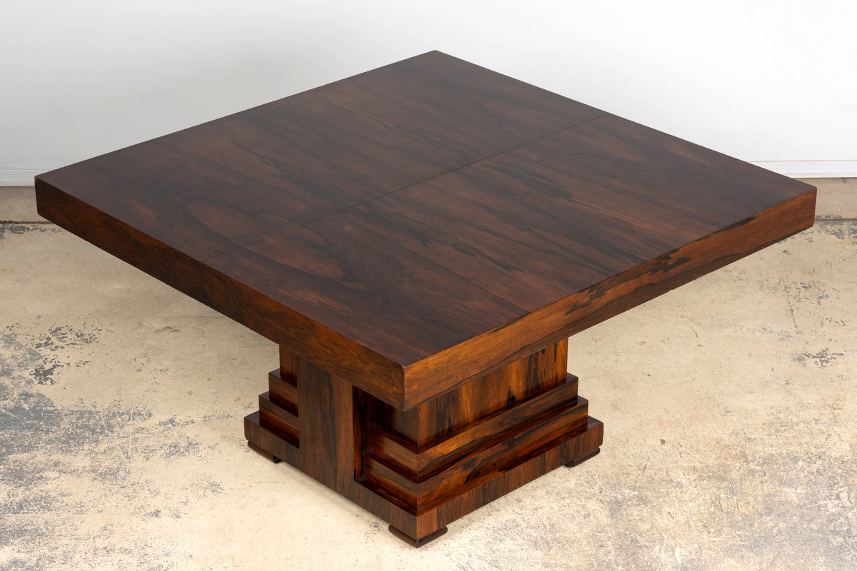 1930s French Art Deco Square Rosewood Dining Table with Architectural Pedestal Base