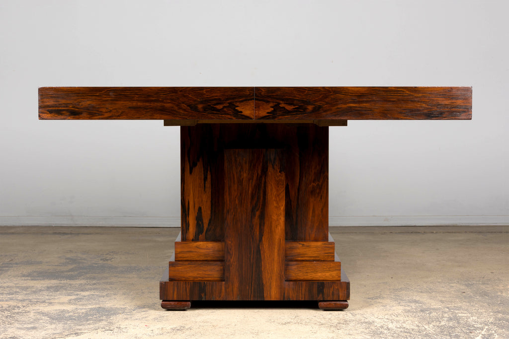 1930s French Art Deco Square Rosewood Dining Table with Architectural Pedestal Base