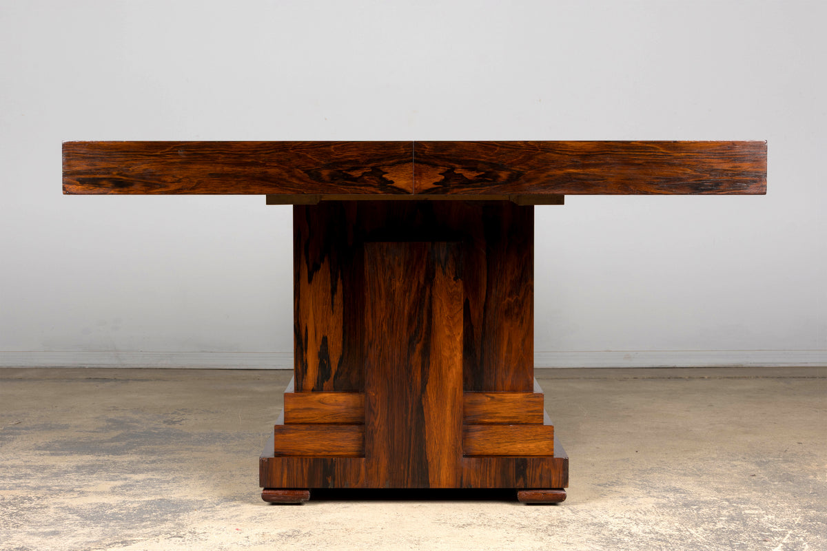 1930s French Art Deco Square Rosewood Dining Table with Architectural Pedestal Base