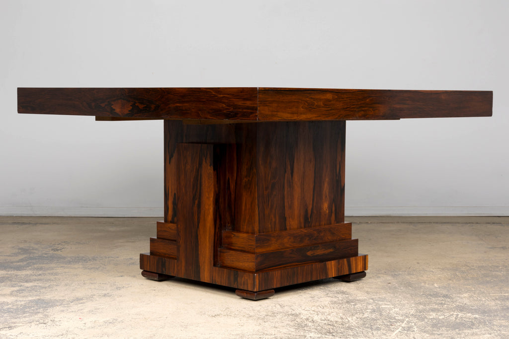 1930s French Art Deco Square Rosewood Dining Table with Architectural Pedestal Base