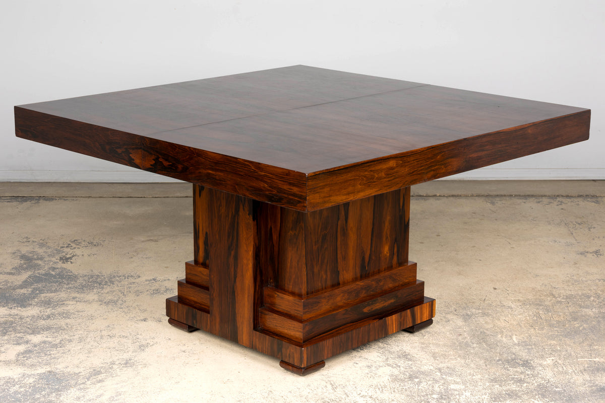 1930s French Art Deco Square Rosewood Dining Table with Architectural Pedestal Base