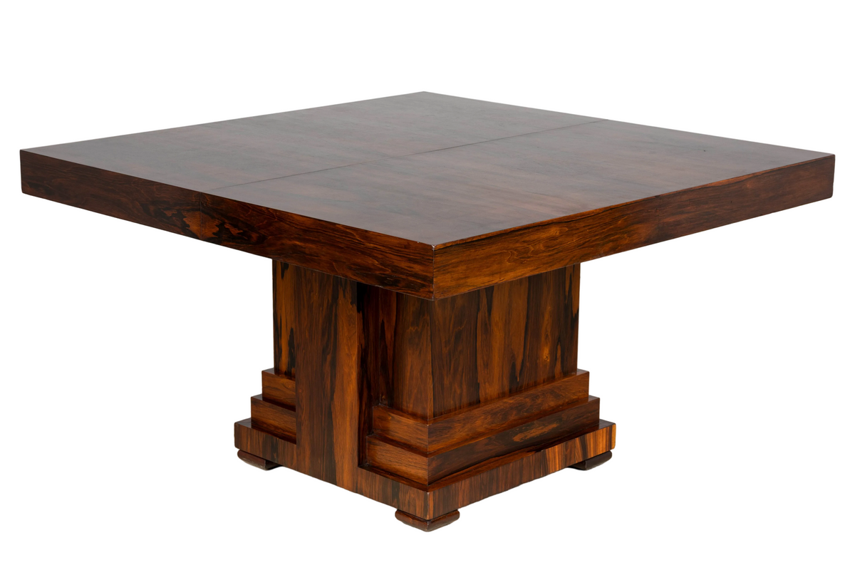 1930s French Art Deco Square Rosewood Dining Table with Architectural Pedestal Base