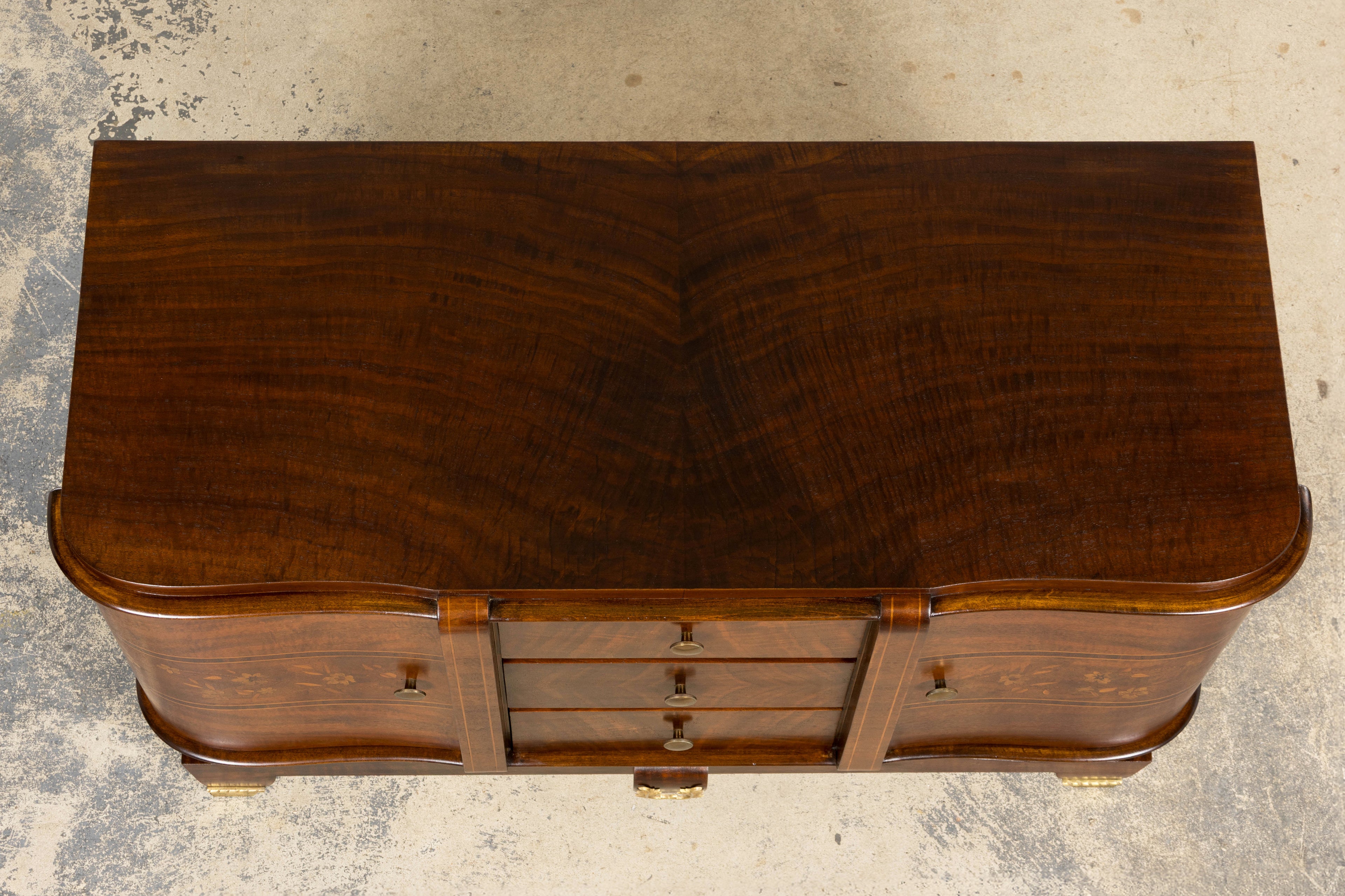 1930s French Art Deco Walnut Commode with Floral Marquetry
