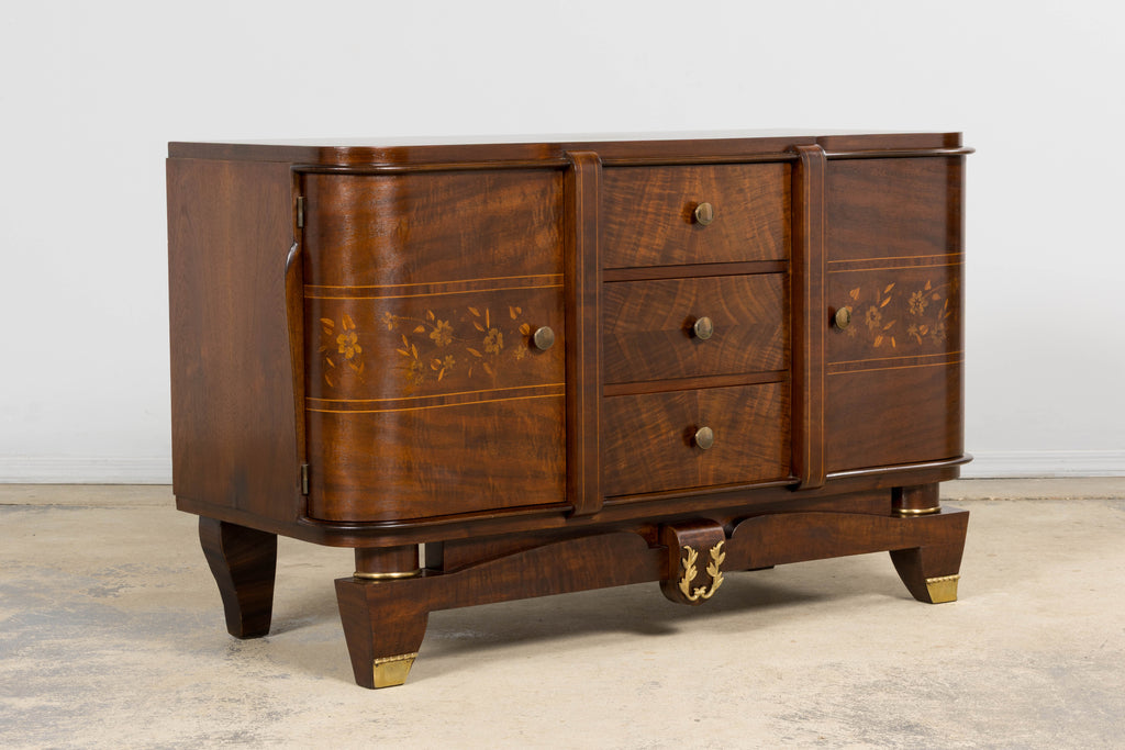 1930s French Art Deco Walnut Commode with Floral Marquetry