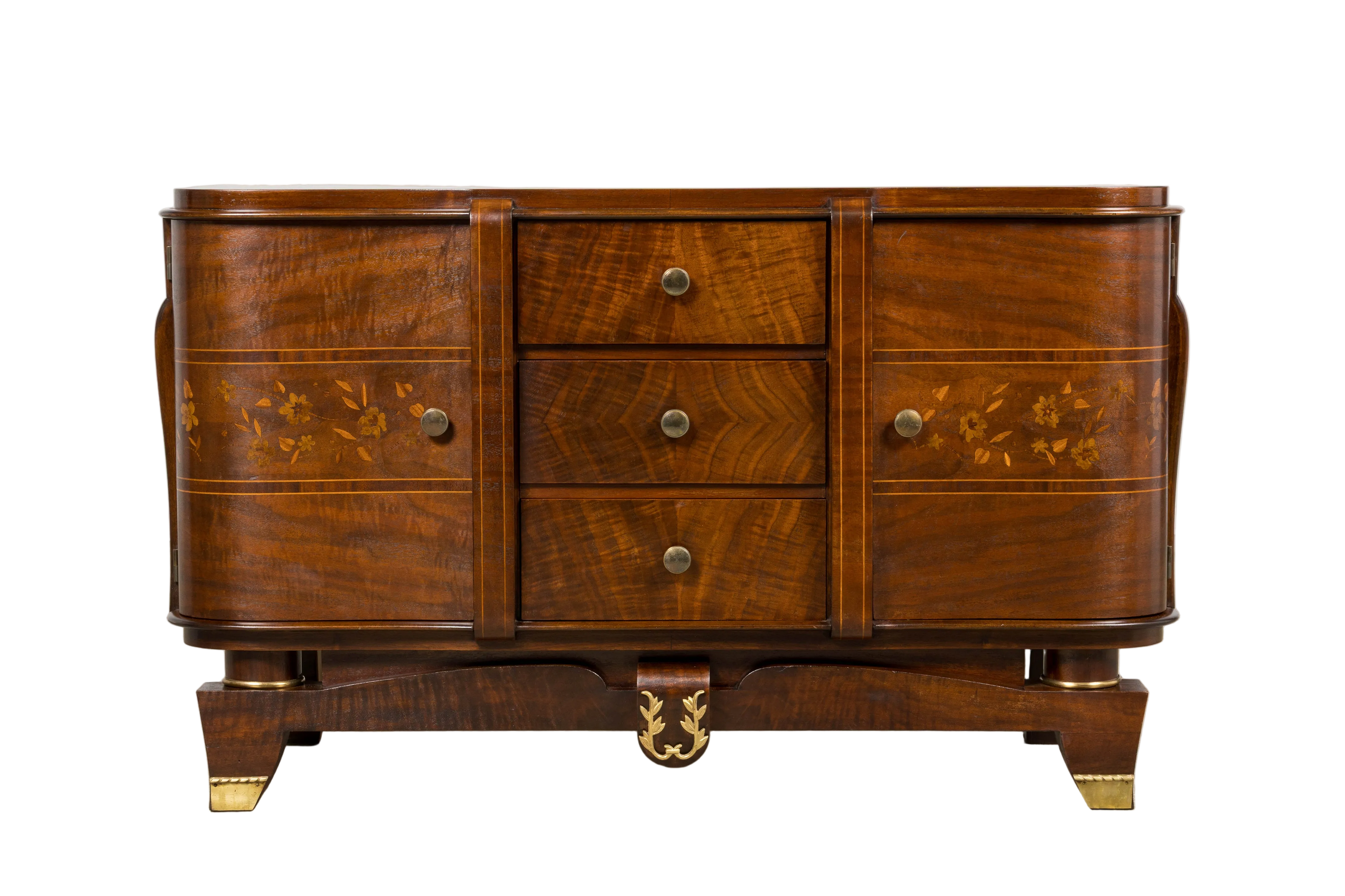 1930s French Art Deco Walnut Commode with Floral Marquetry