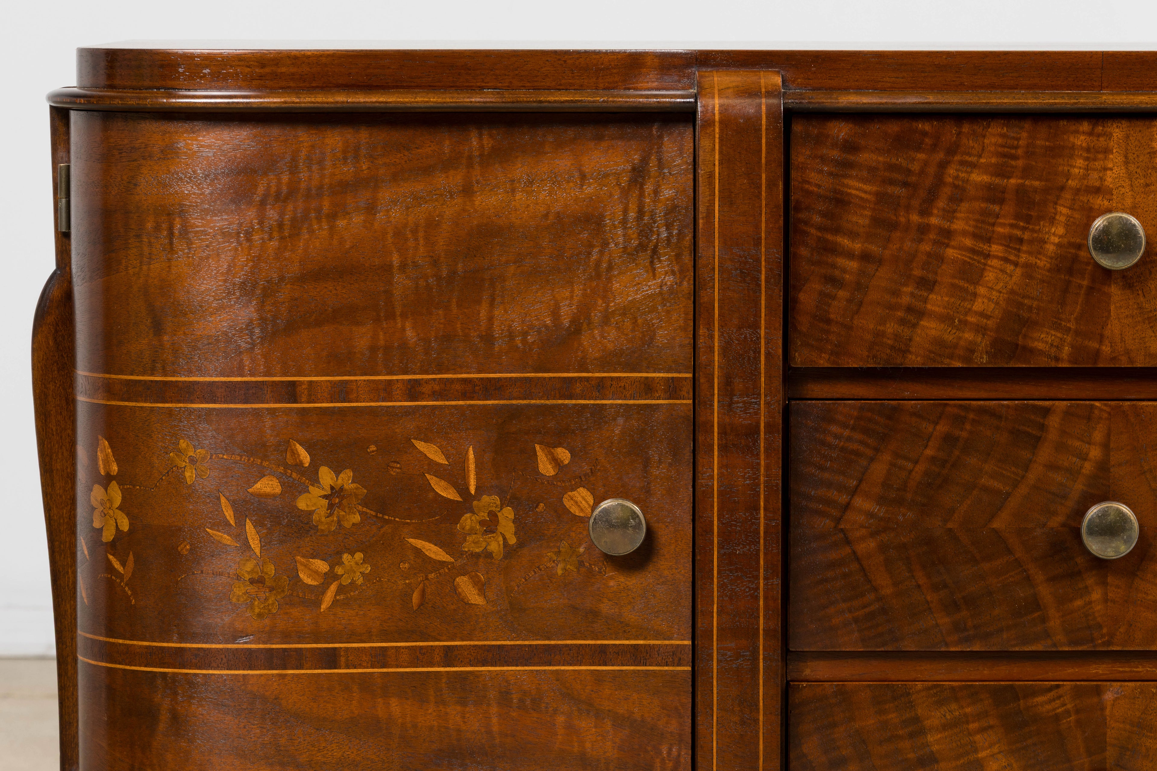 1930s French Art Deco Walnut Commode with Floral Marquetry