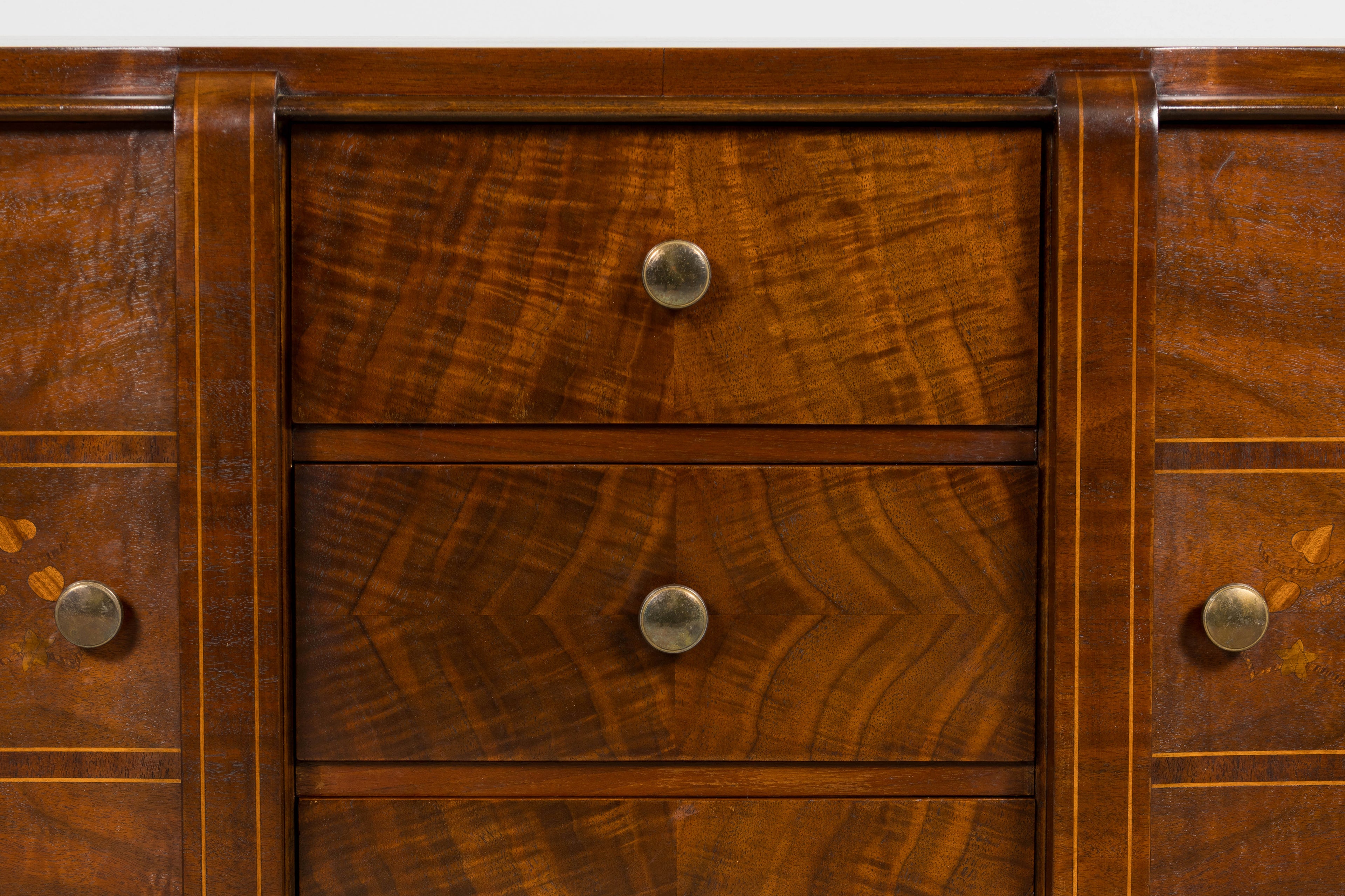 1930s French Art Deco Walnut Commode with Floral Marquetry