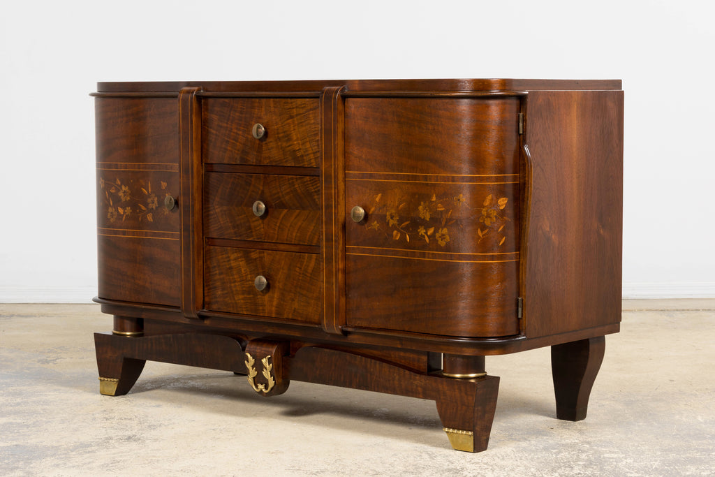 1930s French Art Deco Walnut Commode with Floral Marquetry