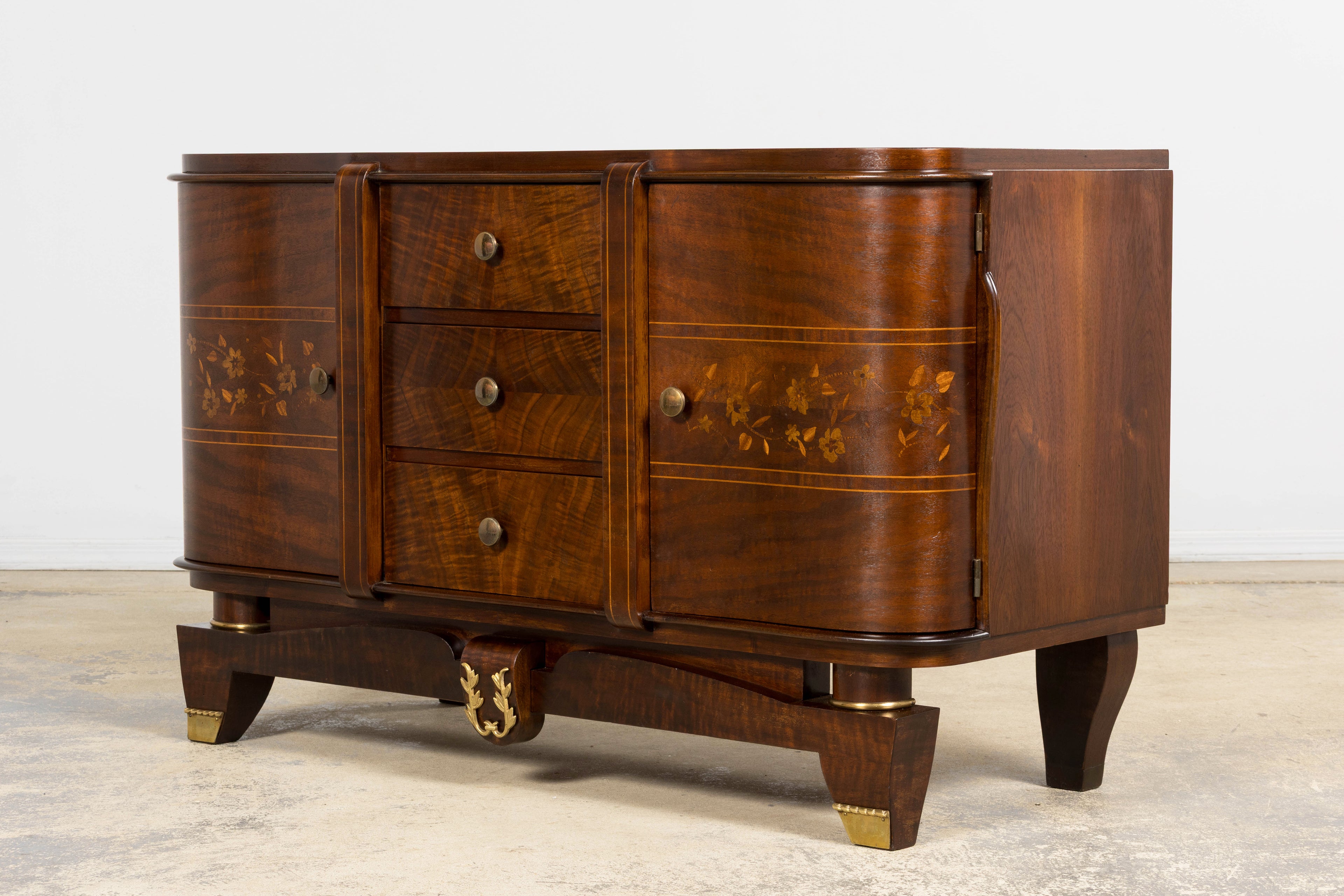 1930s French Art Deco Walnut Commode with Floral Marquetry