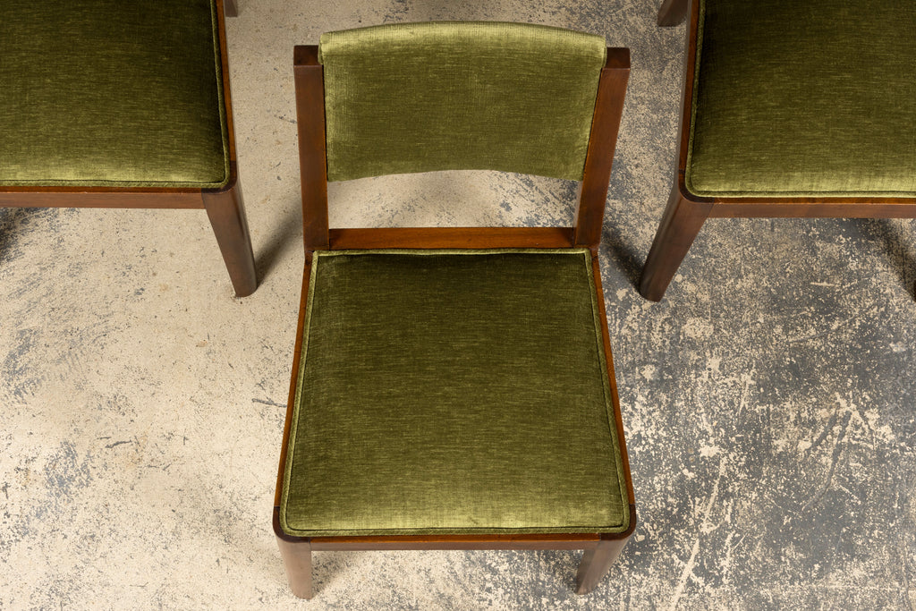 1930s French Art Deco Walnut Dining Chairs in Olive Green Velvet – Set of 10