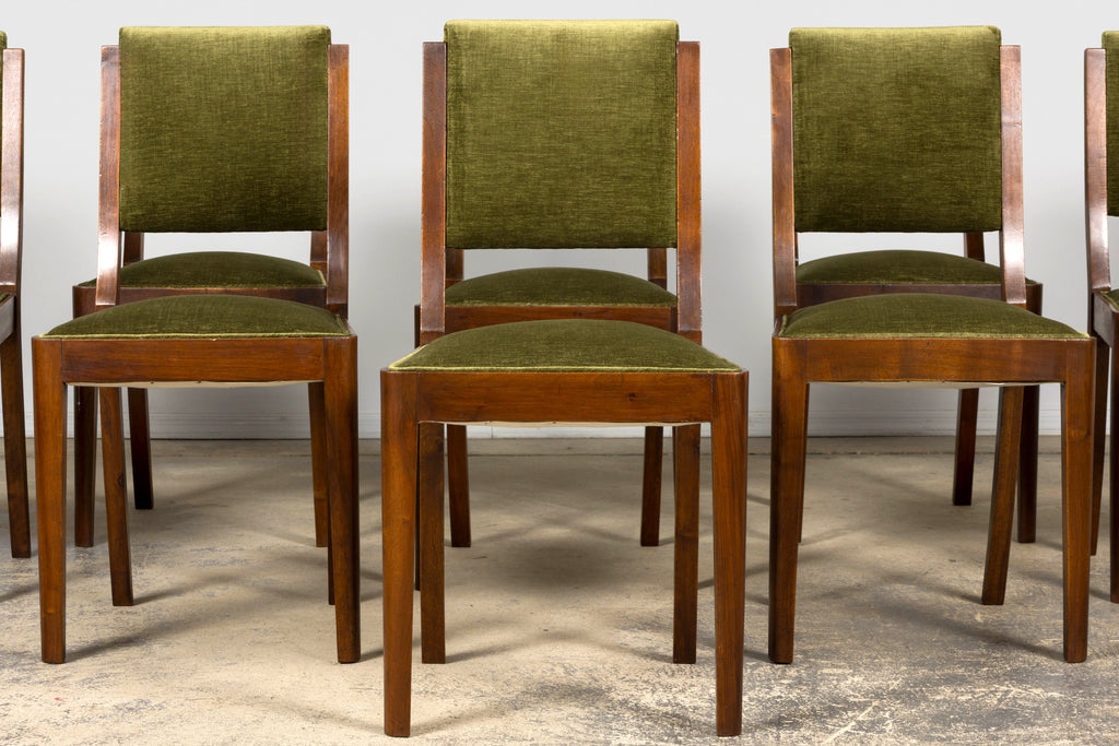 1930s French Art Deco Walnut Dining Chairs in Olive Green Velvet – Set of 10