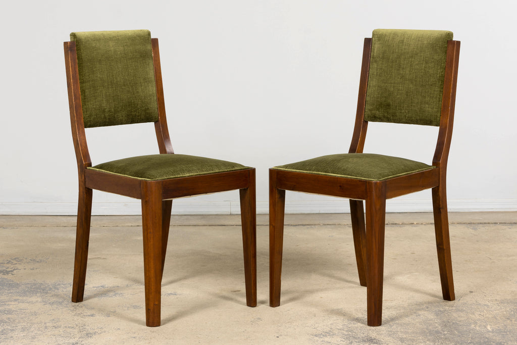 1930s French Art Deco Walnut Dining Chairs in Olive Green Velvet – Set of 10