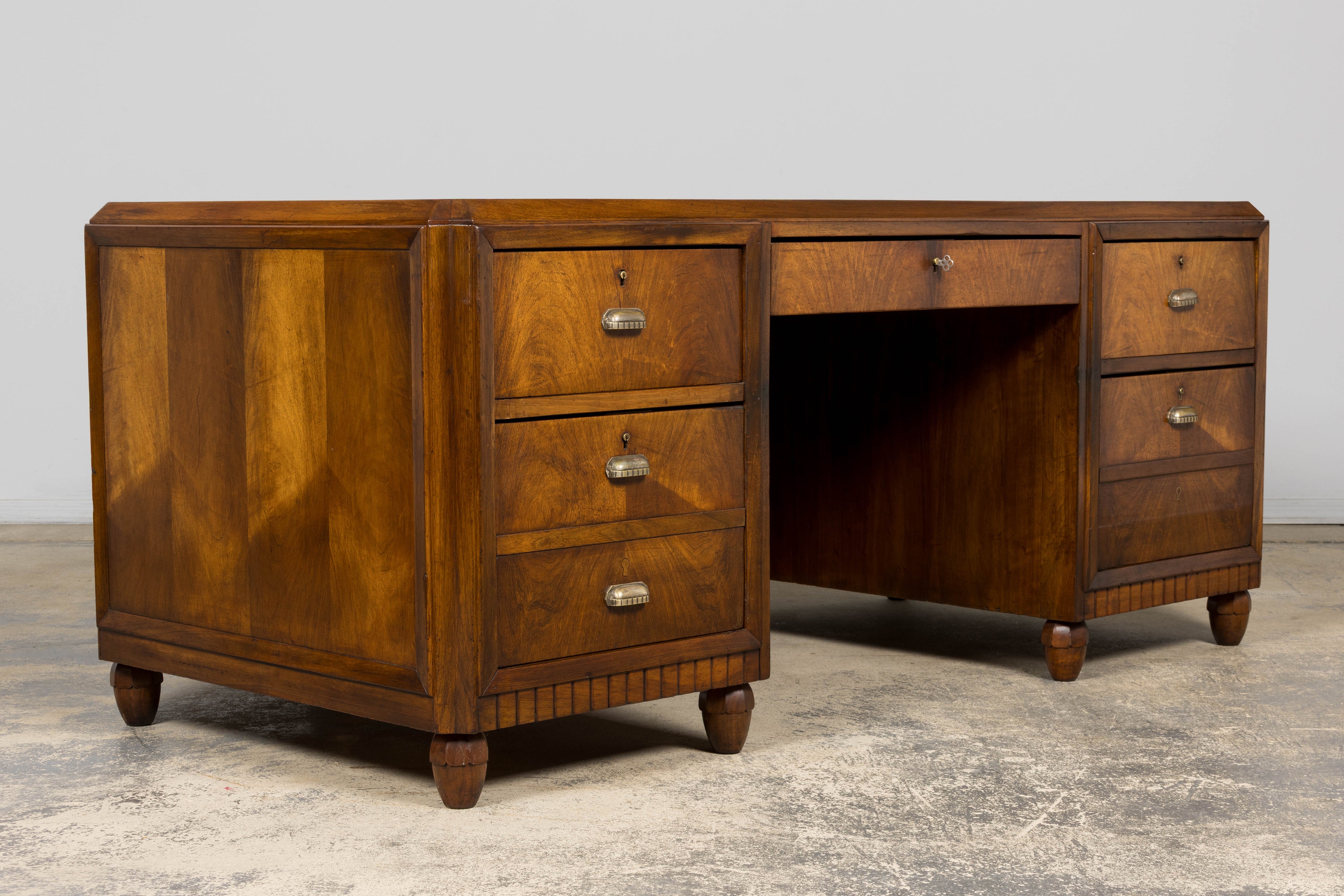 1930s French Art Deco Walnut Partner Desk with Leather Top