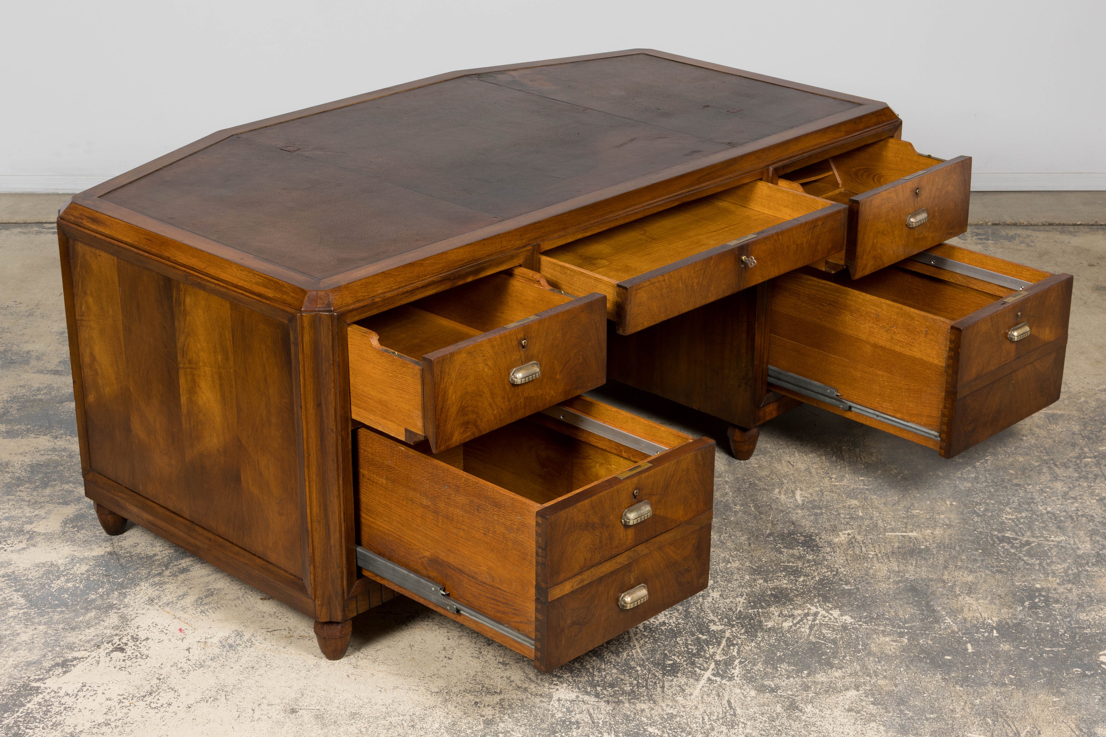 1930s French Art Deco Walnut Partner Desk with Leather Top