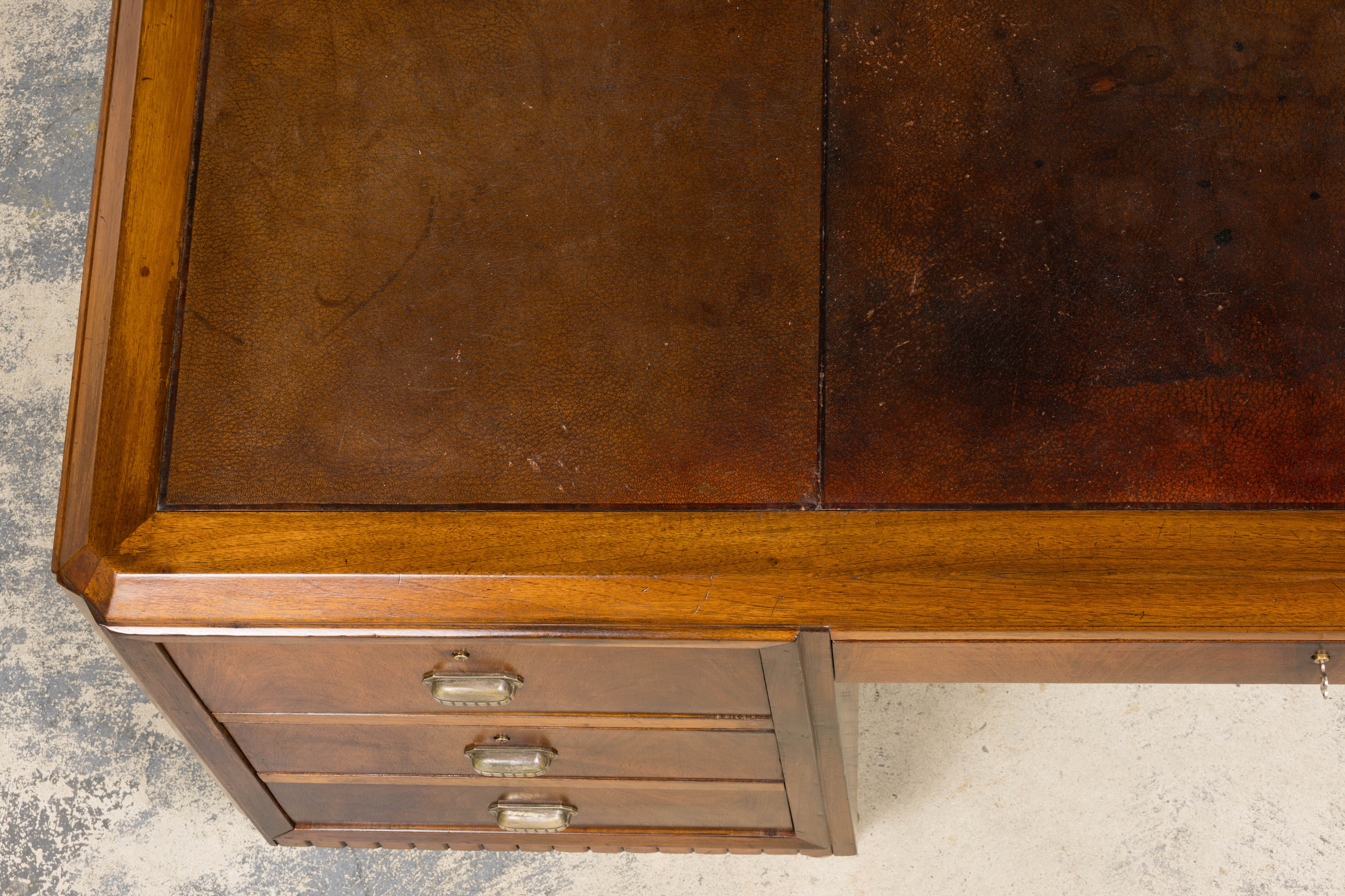 1930s French Art Deco Walnut Partner Desk with Leather Top