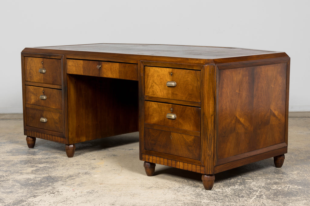 1930s French Art Deco Walnut Partner Desk with Leather Top