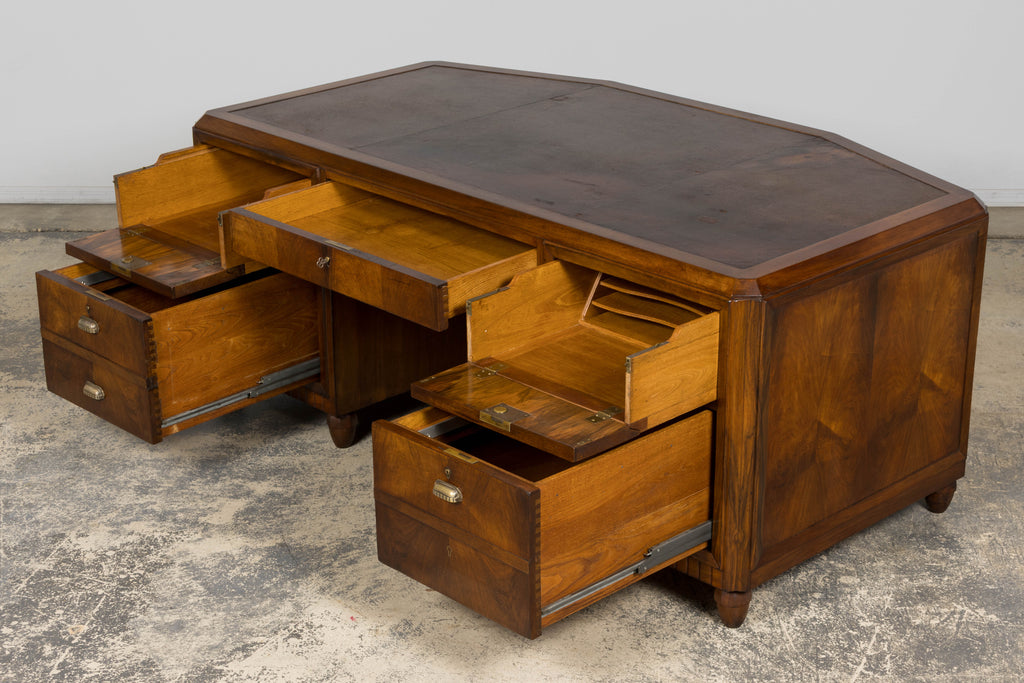1930s French Art Deco Walnut Partner Desk with Leather Top