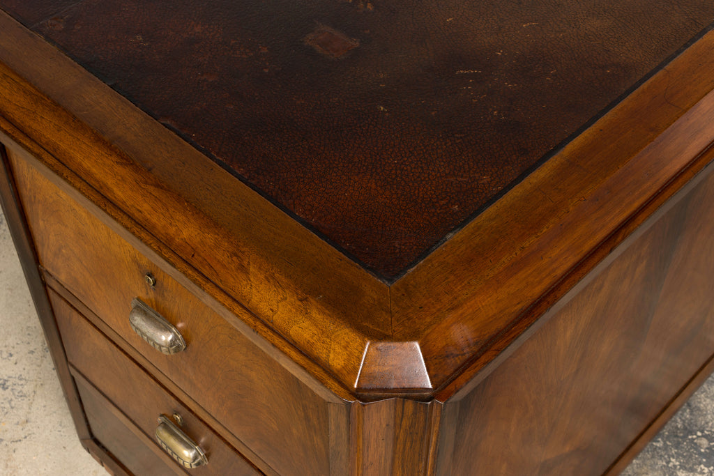 1930s French Art Deco Walnut Partner Desk with Leather Top