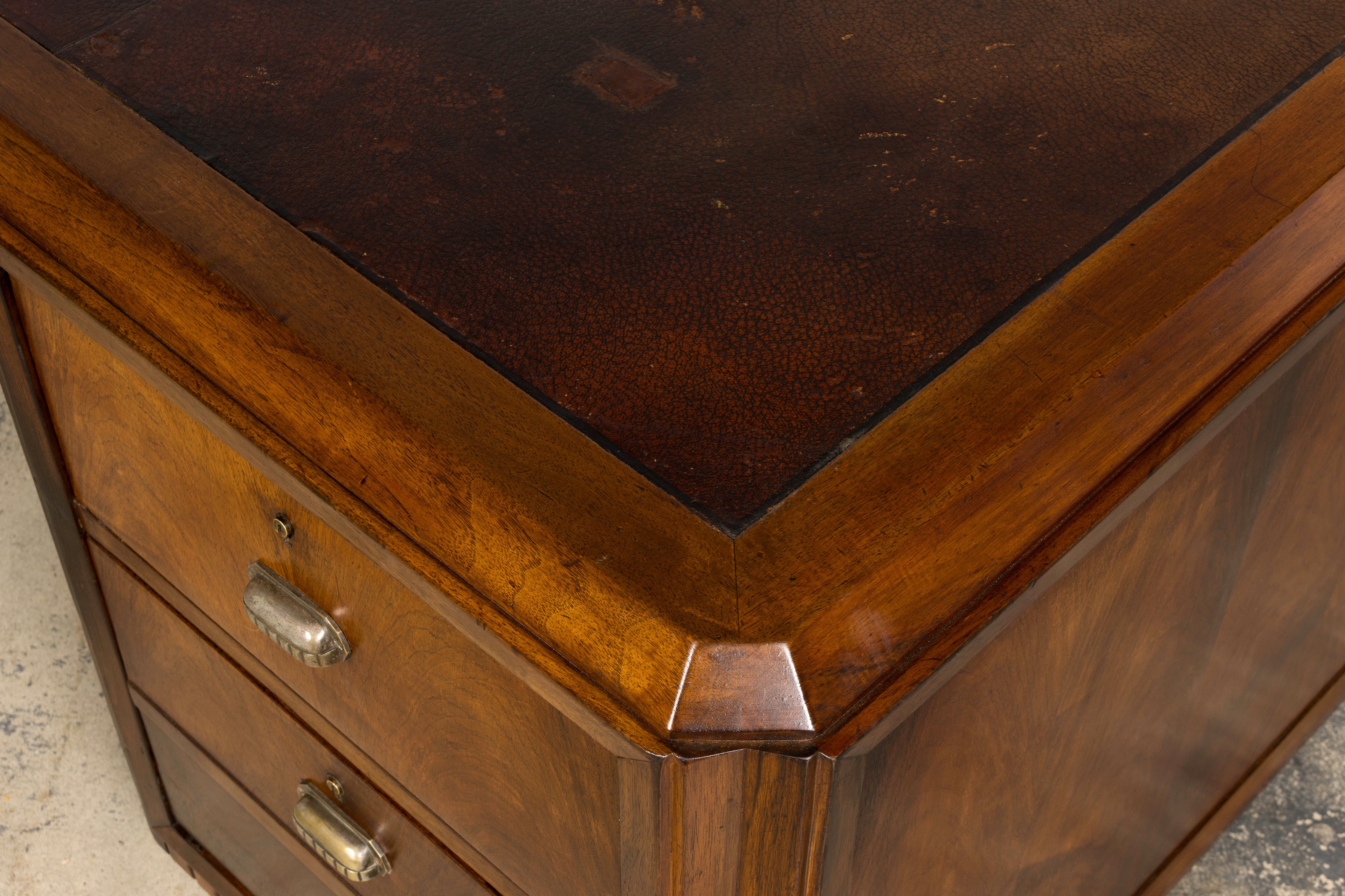 1930s French Art Deco Walnut Partner Desk with Leather Top