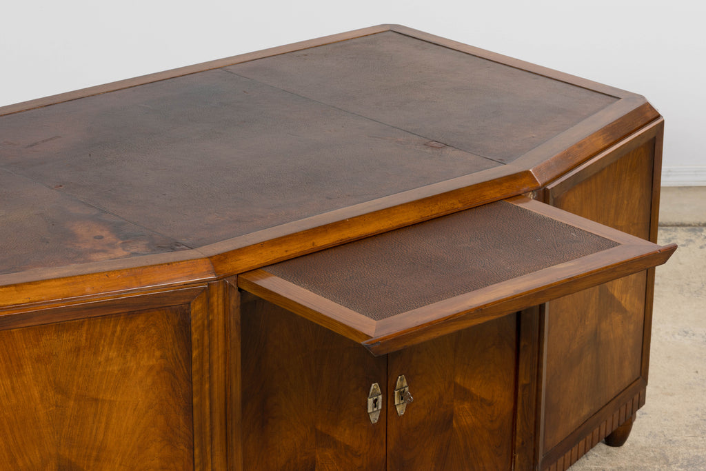 1930s French Art Deco Walnut Partner Desk with Leather Top