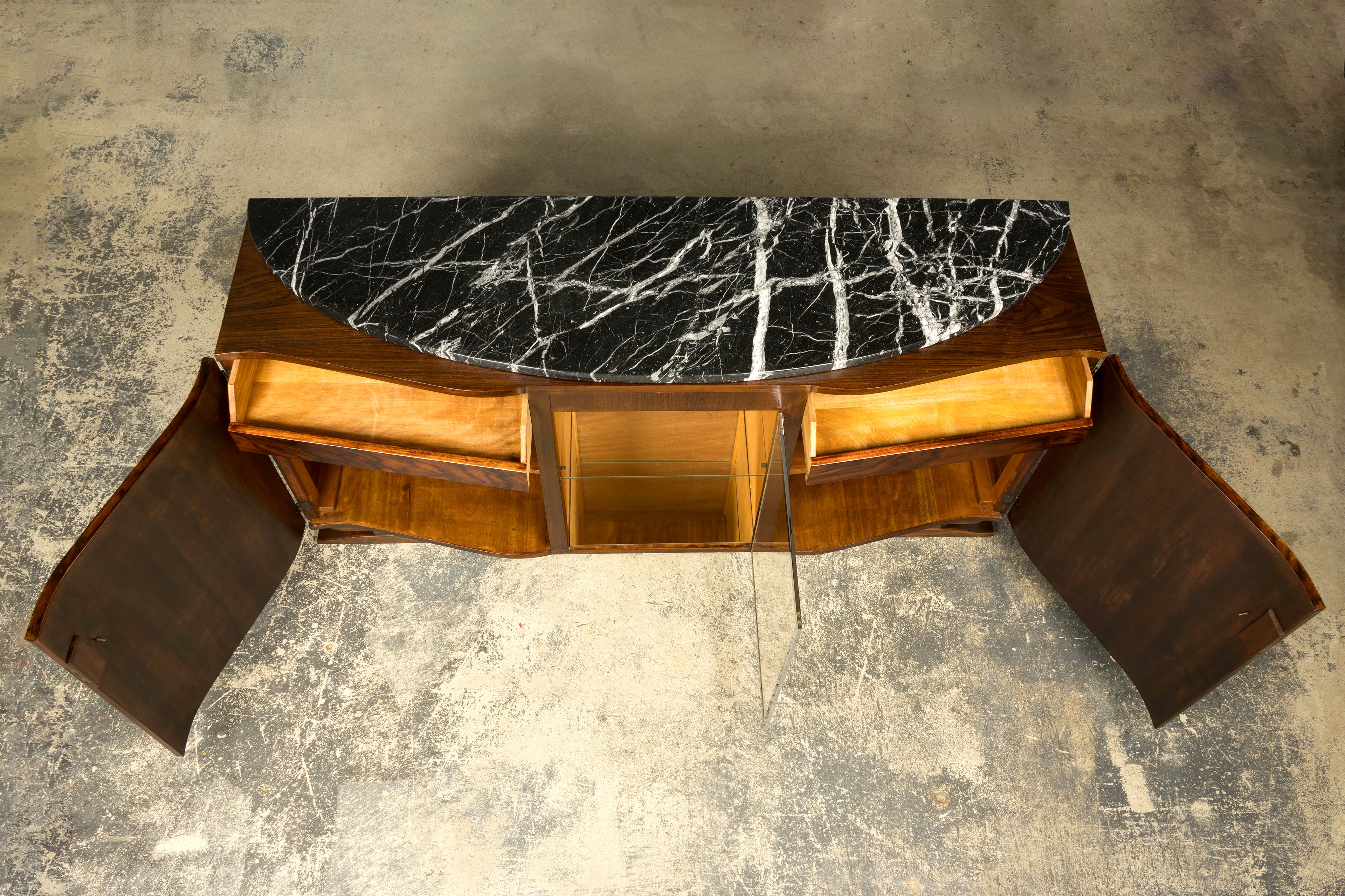 1930s French Art Deco Walnut Sideboard with Black Marble Top