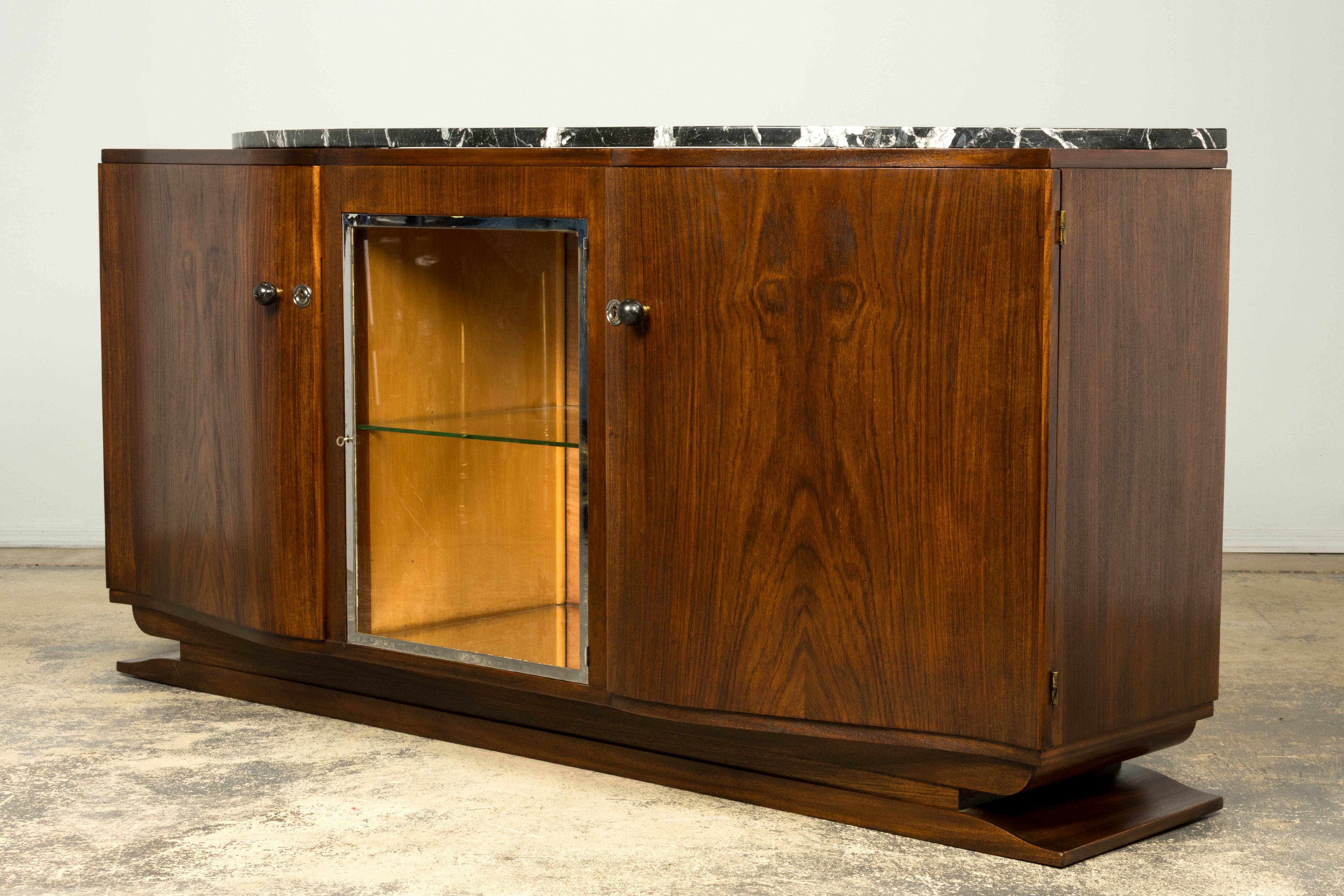 1930s French Art Deco Walnut Sideboard with Black Marble Top