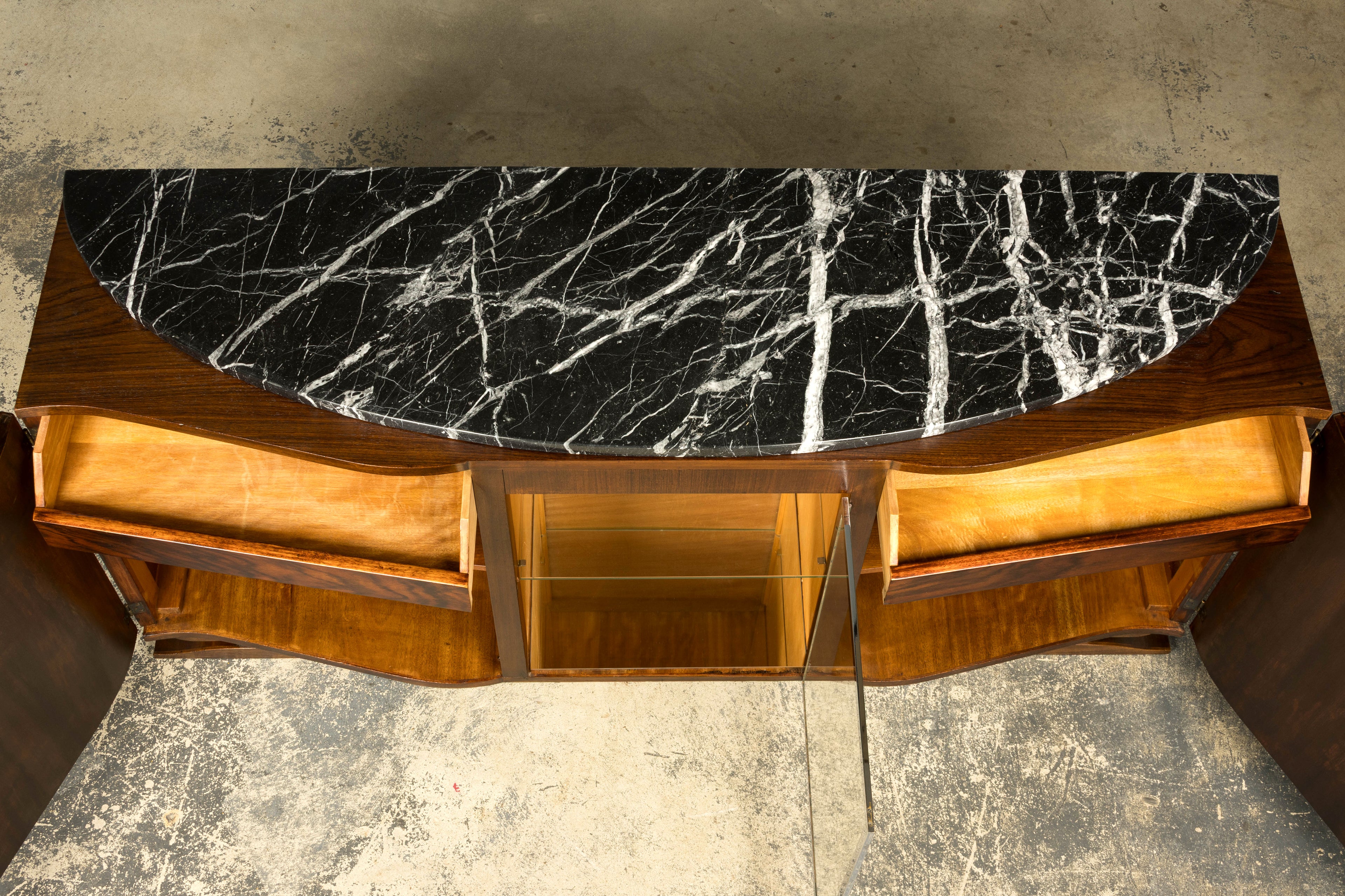 1930s French Art Deco Walnut Sideboard with Black Marble Top
