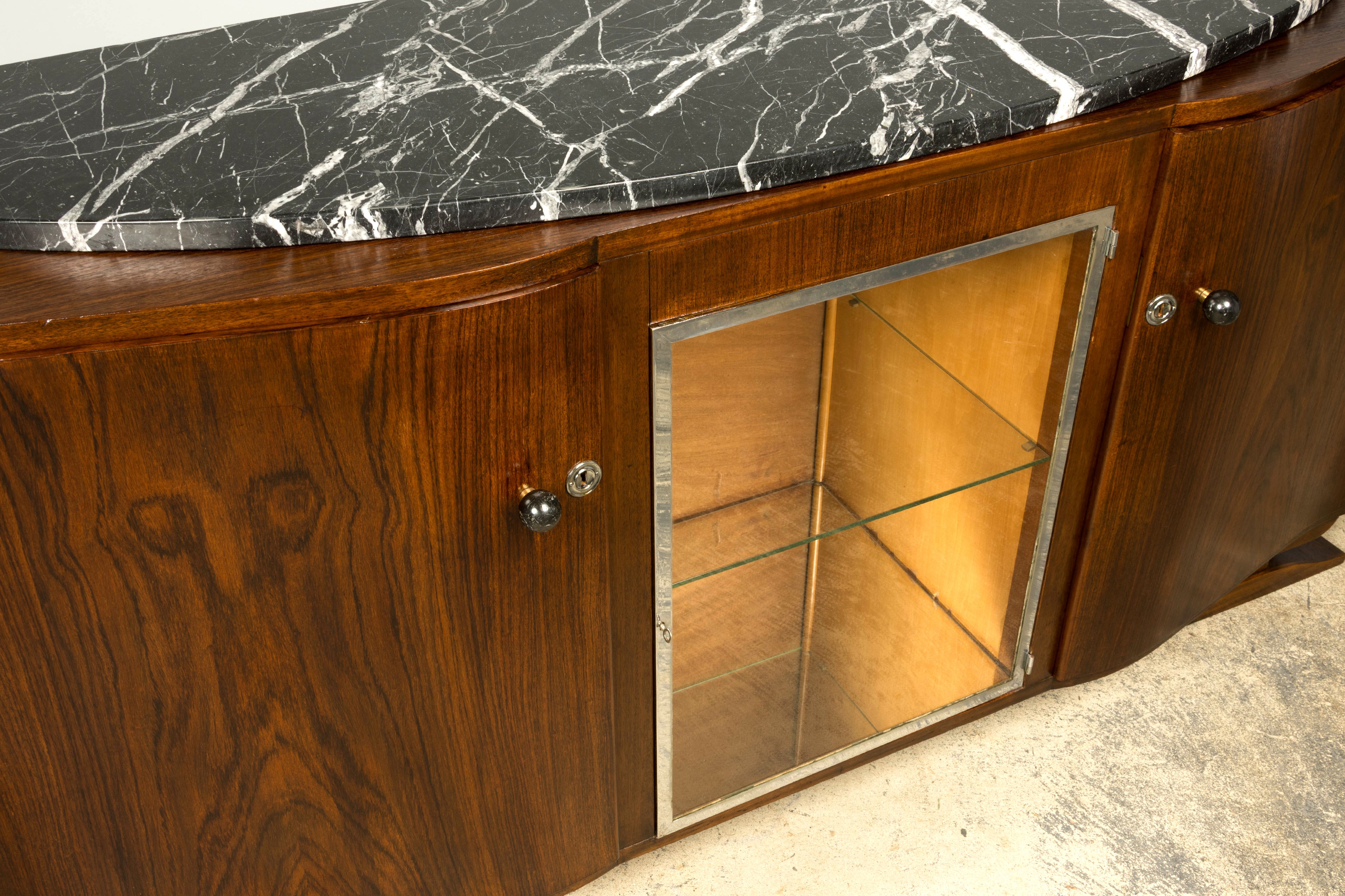 1930s French Art Deco Walnut Sideboard with Black Marble Top