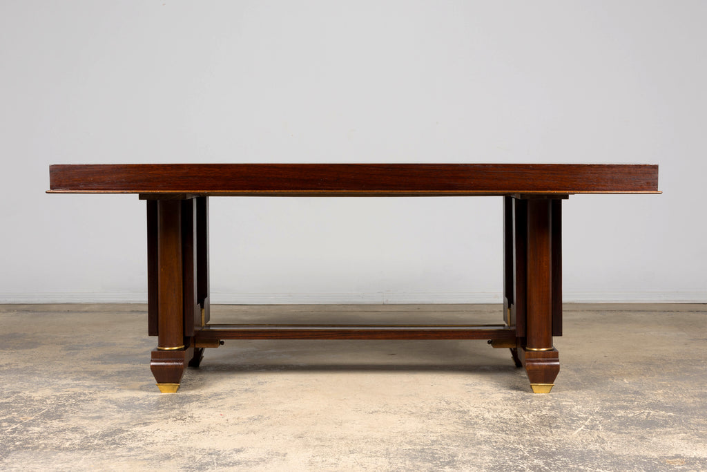 Art Deco Rosewood and Brass Dining Table, Jules Leleu Style, 1930s