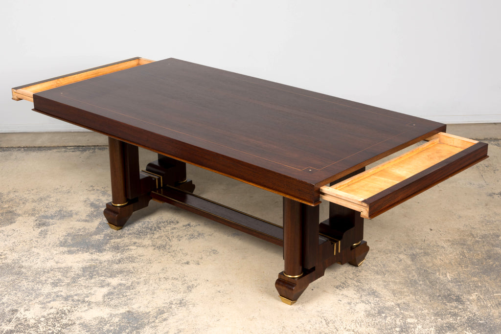 Art Deco Rosewood and Brass Dining Table, Jules Leleu Style, 1930s