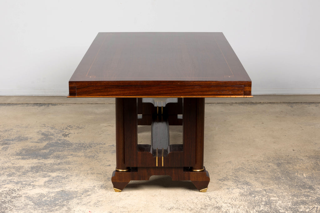 Art Deco Rosewood and Brass Dining Table, Jules Leleu Style, 1930s