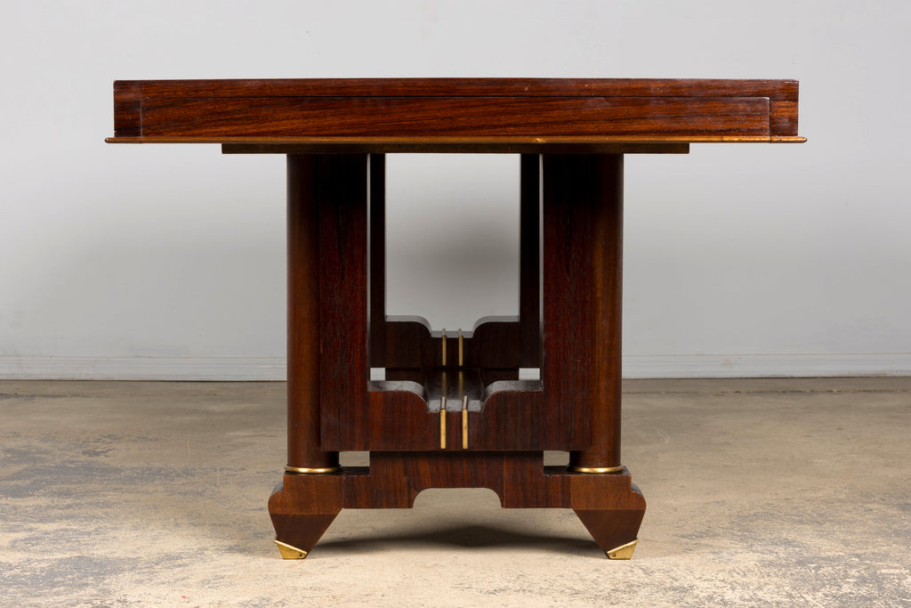 Art Deco Rosewood and Brass Dining Table, Jules Leleu Style, 1930s