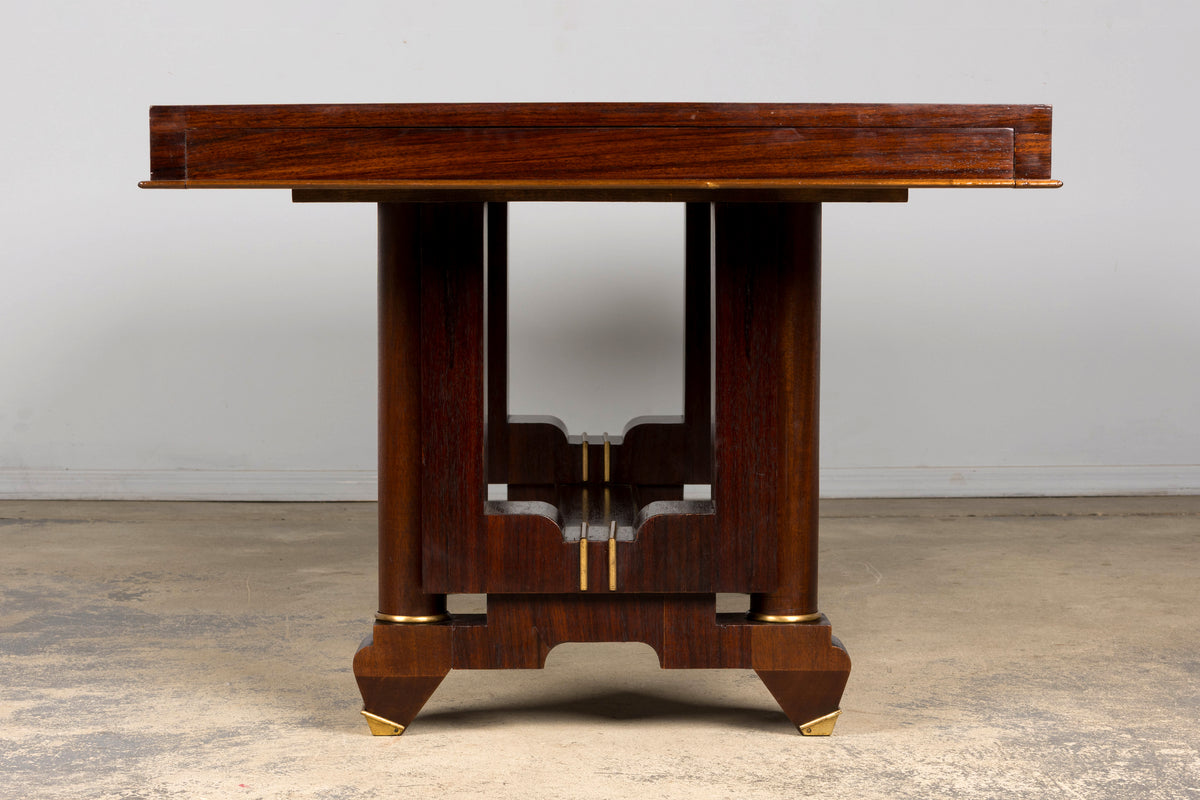 Art Deco Rosewood and Brass Dining Table, Jules Leleu Style, 1930s