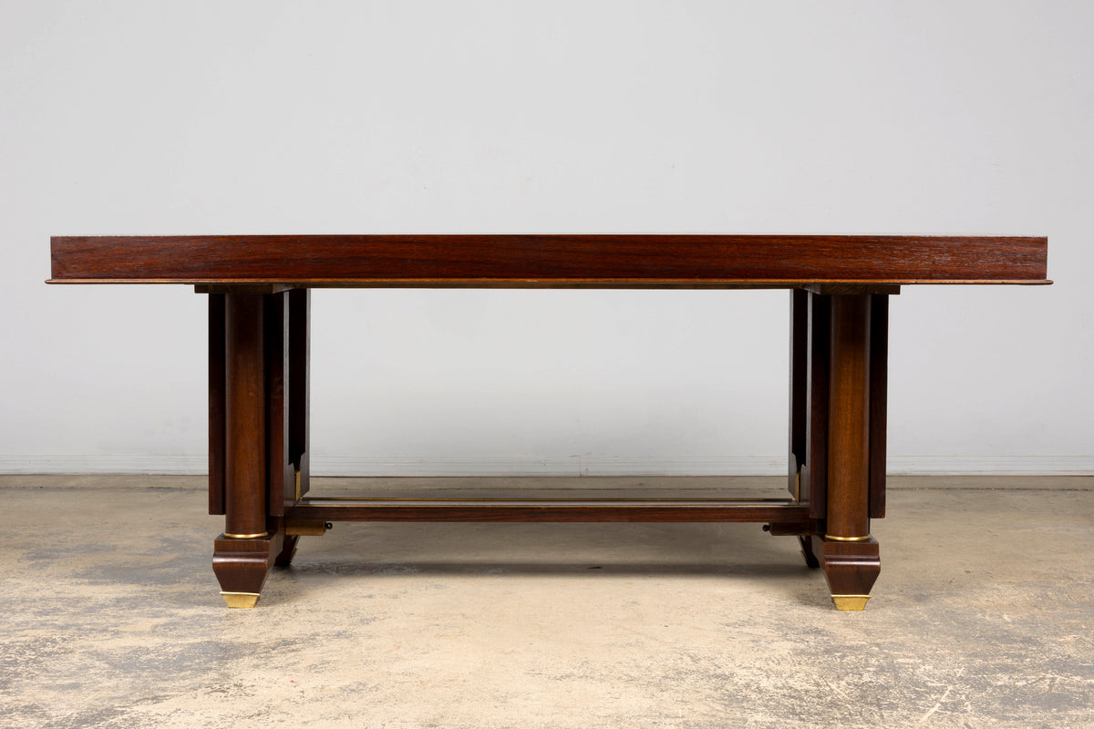 Art Deco Rosewood and Brass Dining Table, Jules Leleu Style, 1930s