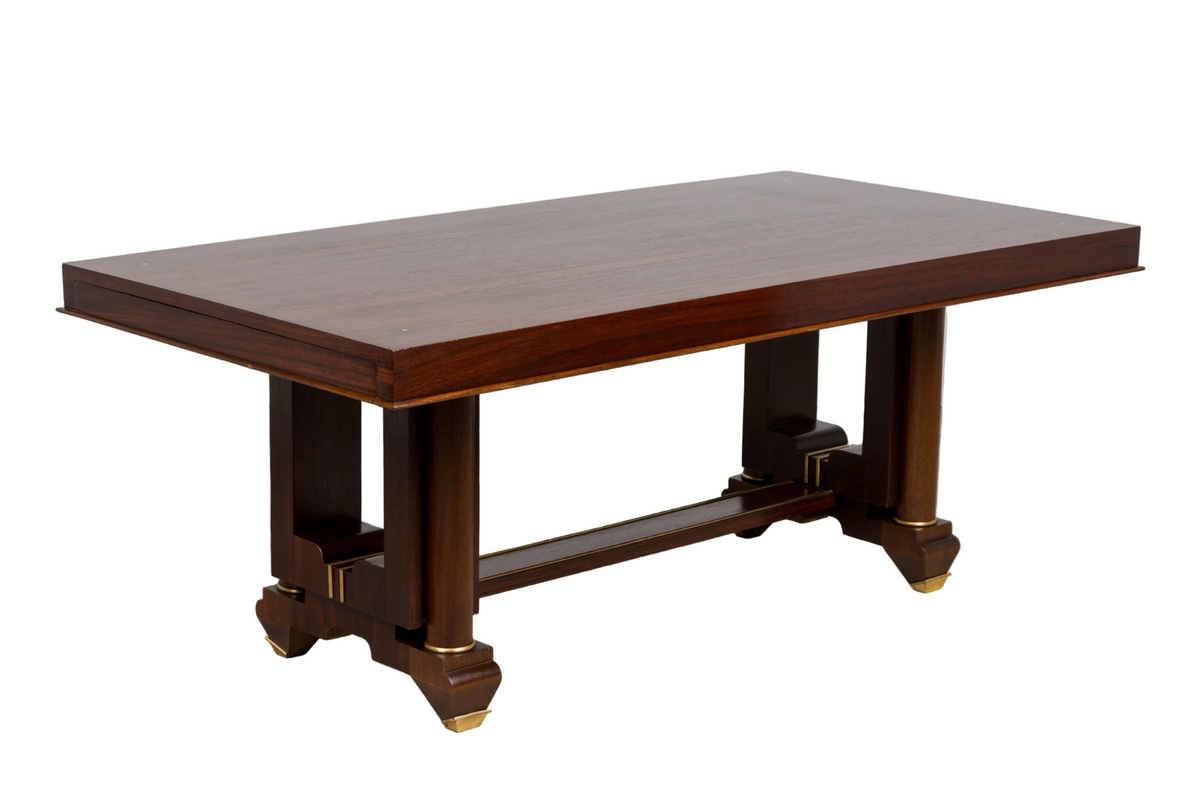 Art Deco Rosewood and Brass Dining Table, Jules Leleu Style, 1930s