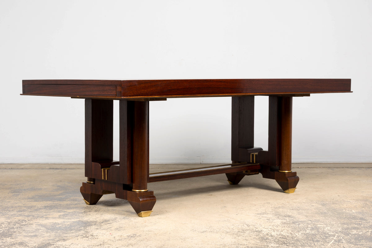 Art Deco Rosewood and Brass Dining Table, Jules Leleu Style, 1930s