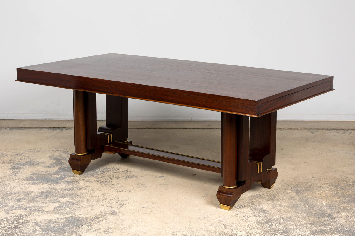 Art Deco Rosewood and Brass Dining Table, Jules Leleu Style, 1930s
