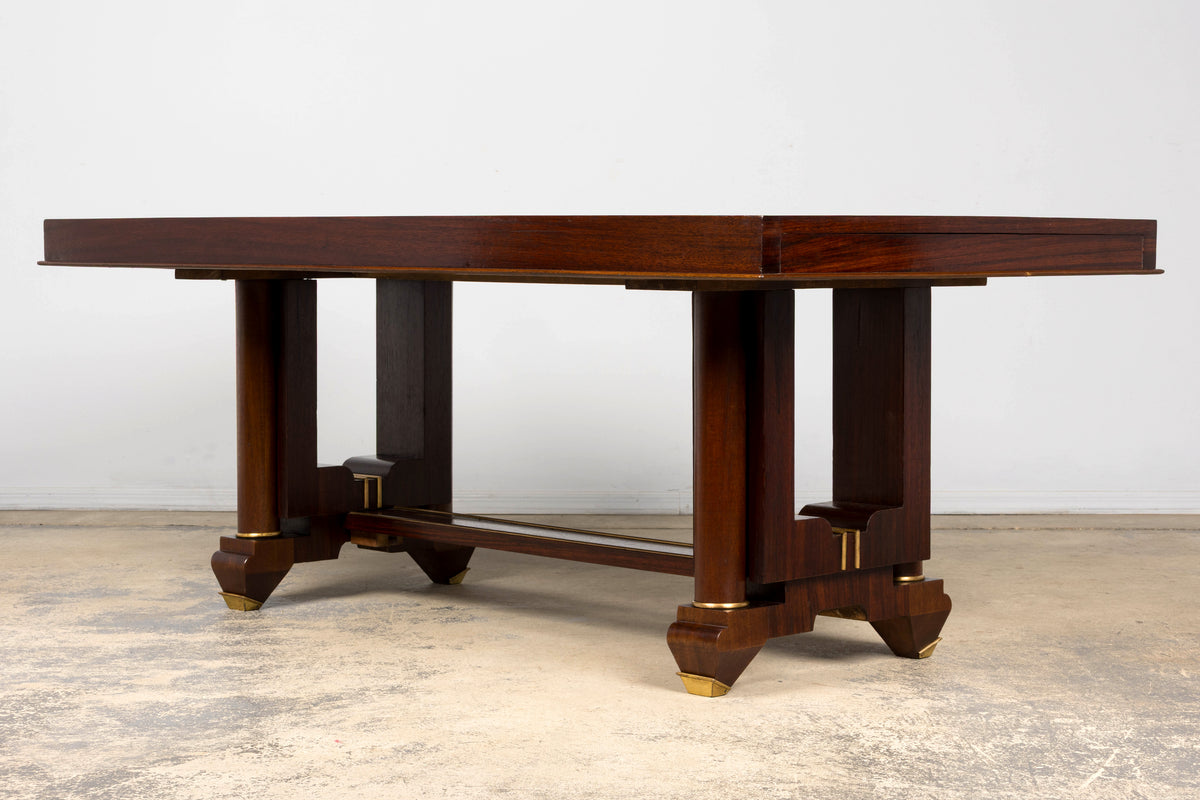 Art Deco Rosewood and Brass Dining Table, Jules Leleu Style, 1930s