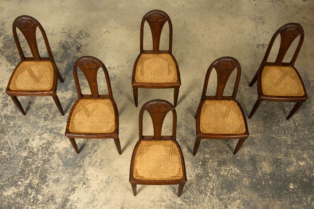 1930s Set of Six French Art Deco Carved Maple & Cane Dining Chairs