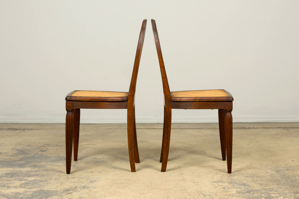 1930s Set of Six French Art Deco Carved Maple & Cane Dining Chairs