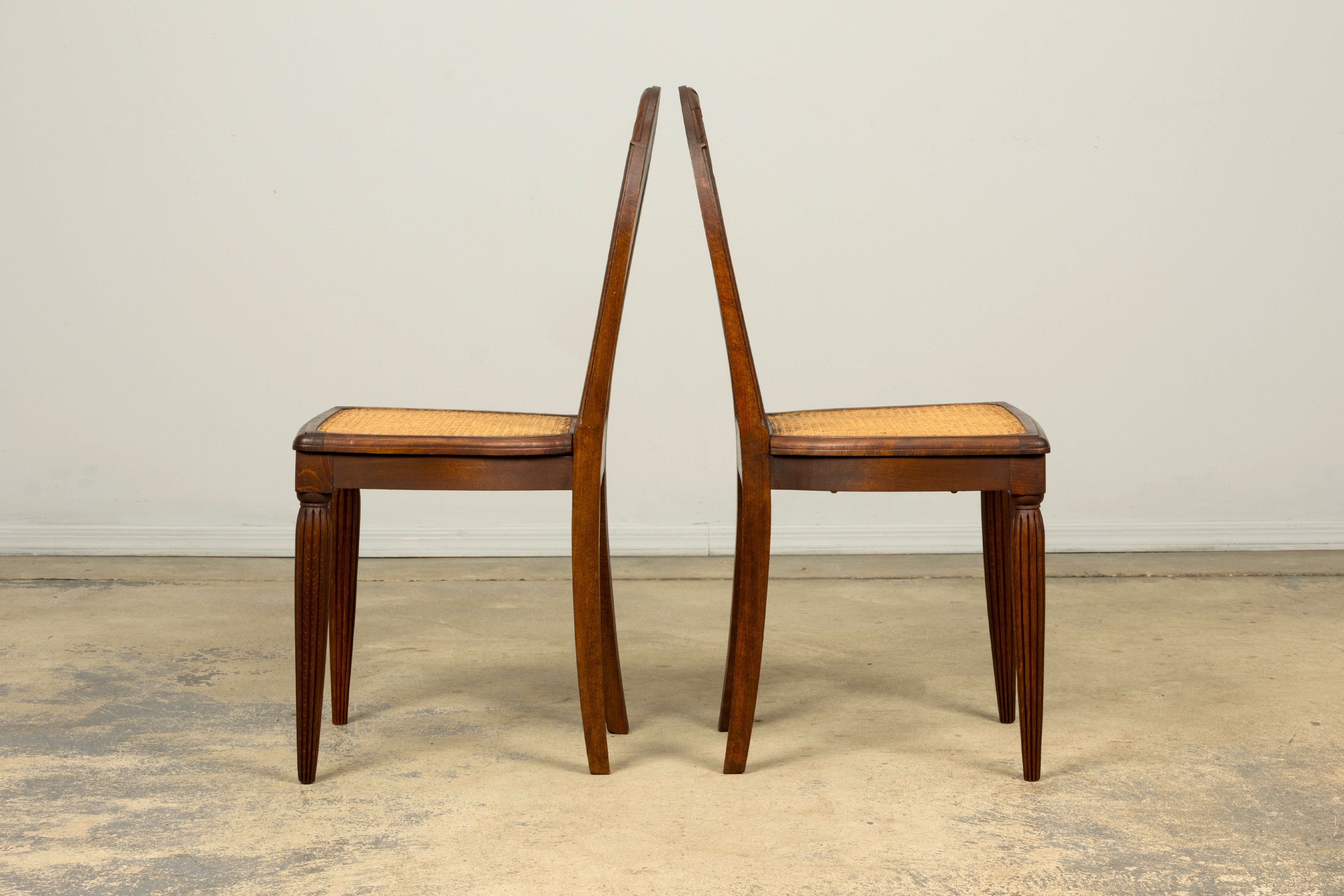 1930s Set of Six French Art Deco Carved Maple & Cane Dining Chairs