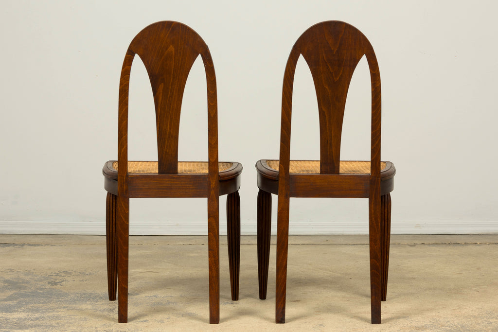 1930s Set of Six French Art Deco Carved Maple & Cane Dining Chairs