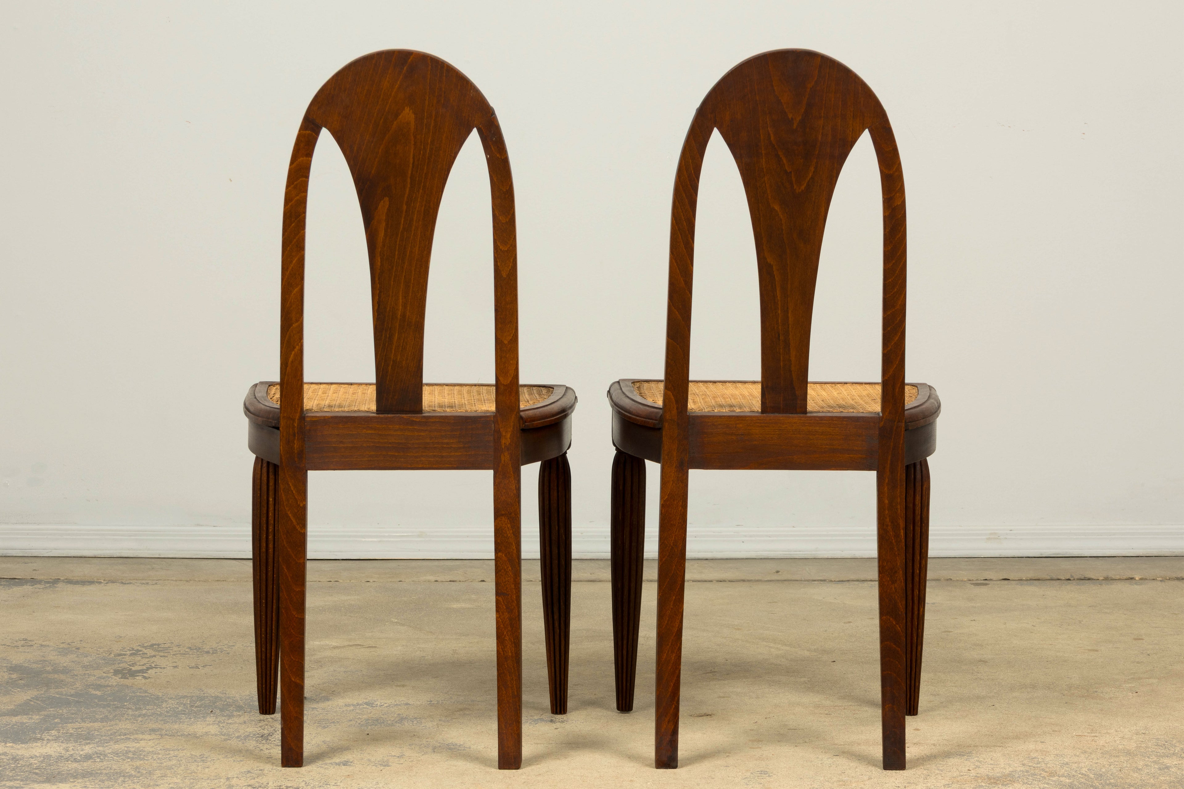 1930s Set of Six French Art Deco Carved Maple & Cane Dining Chairs