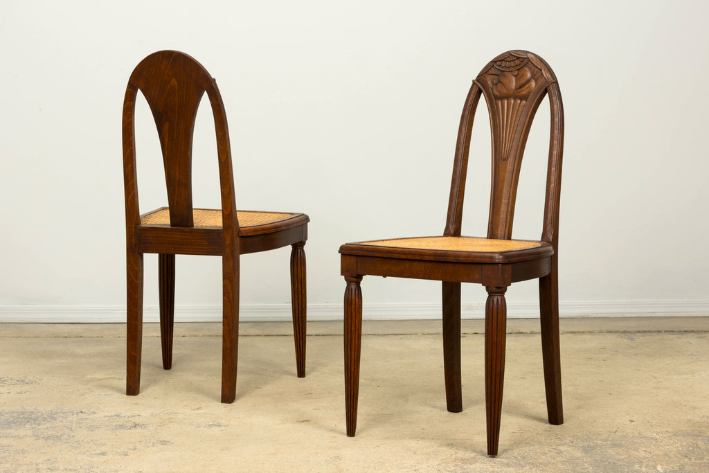 1930s Set of Six French Art Deco Carved Maple & Cane Dining Chairs