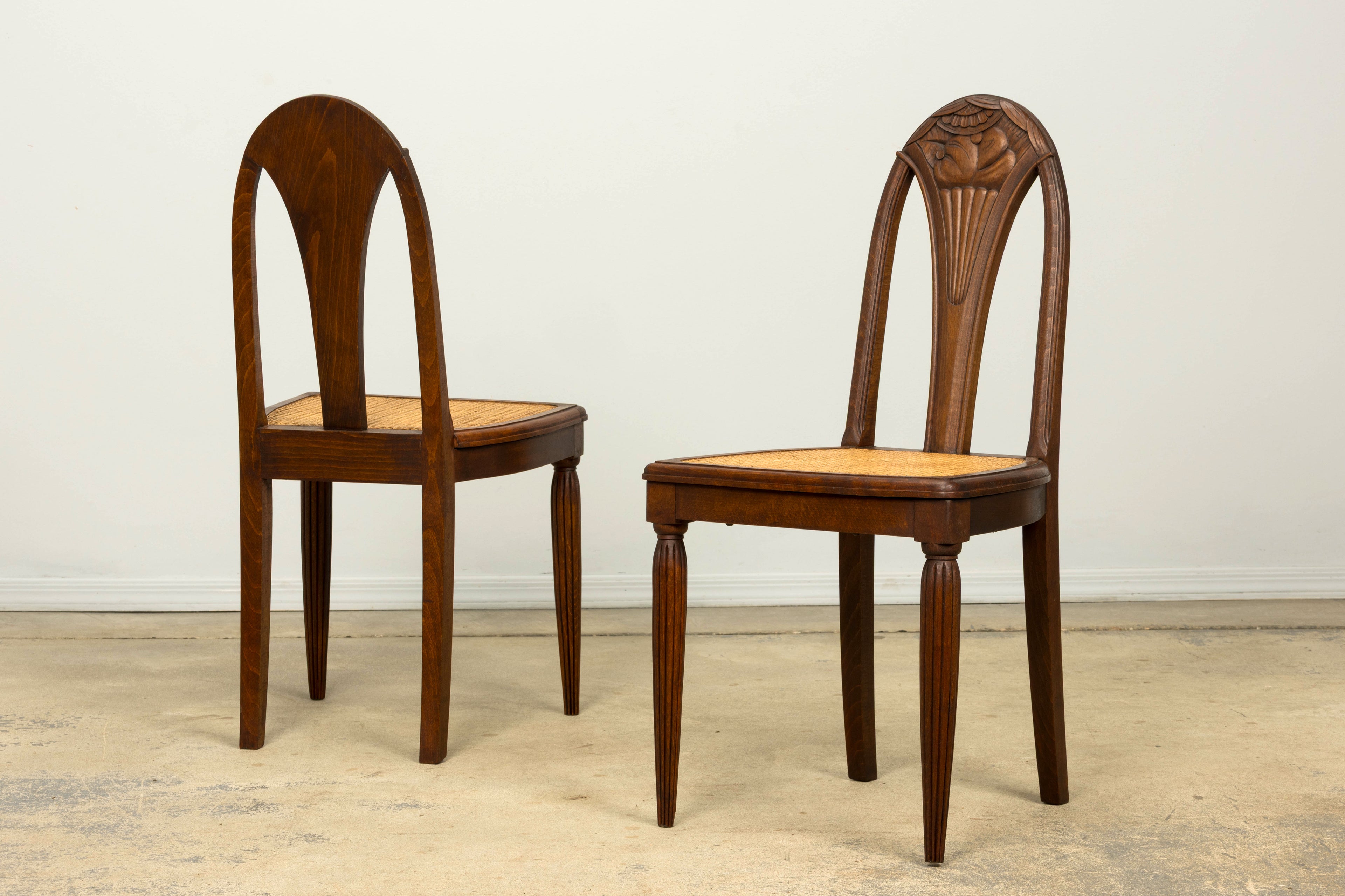 1930s Set of Six French Art Deco Carved Maple & Cane Dining Chairs