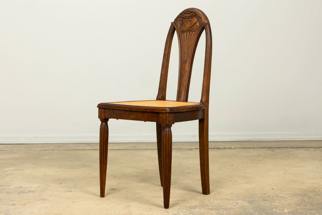 1930s Set of Six French Art Deco Carved Maple & Cane Dining Chairs