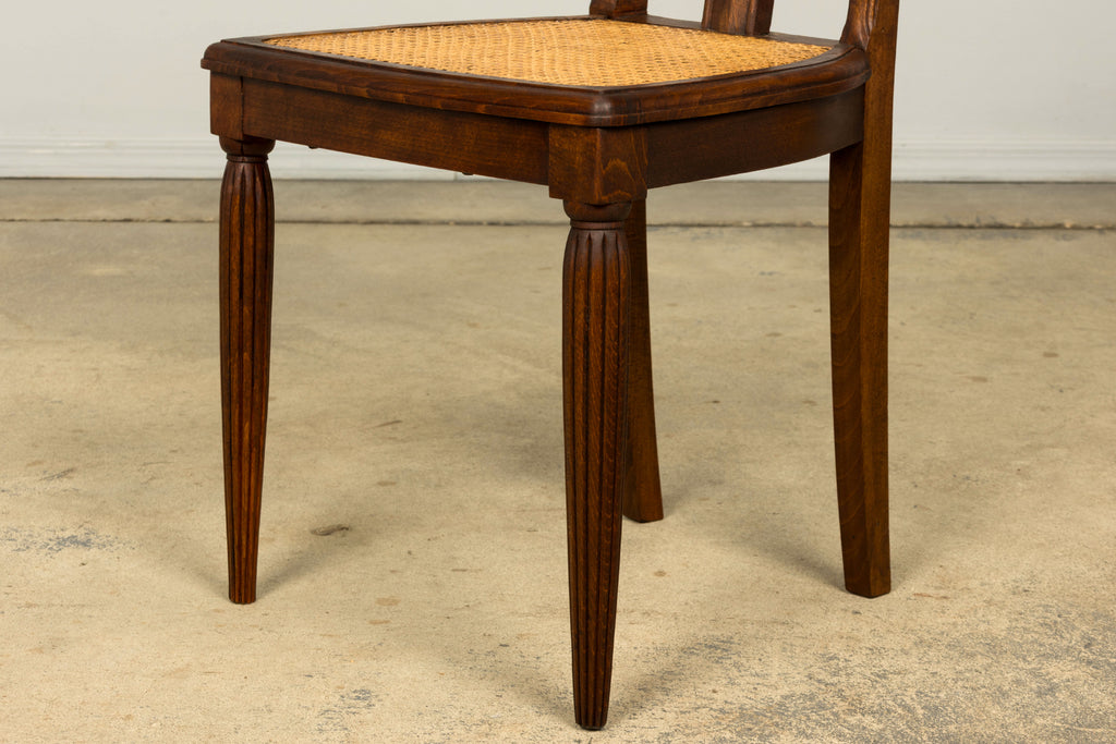1930s Set of Six French Art Deco Carved Maple & Cane Dining Chairs