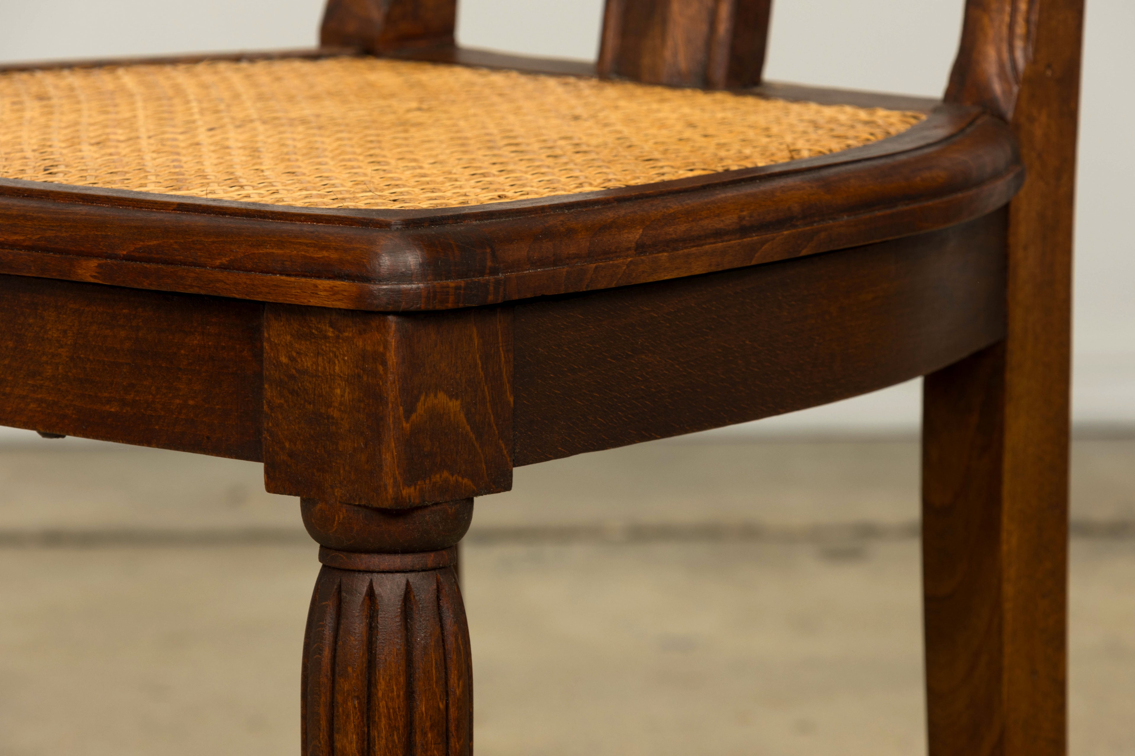 1930s Set of Six French Art Deco Carved Maple & Cane Dining Chairs